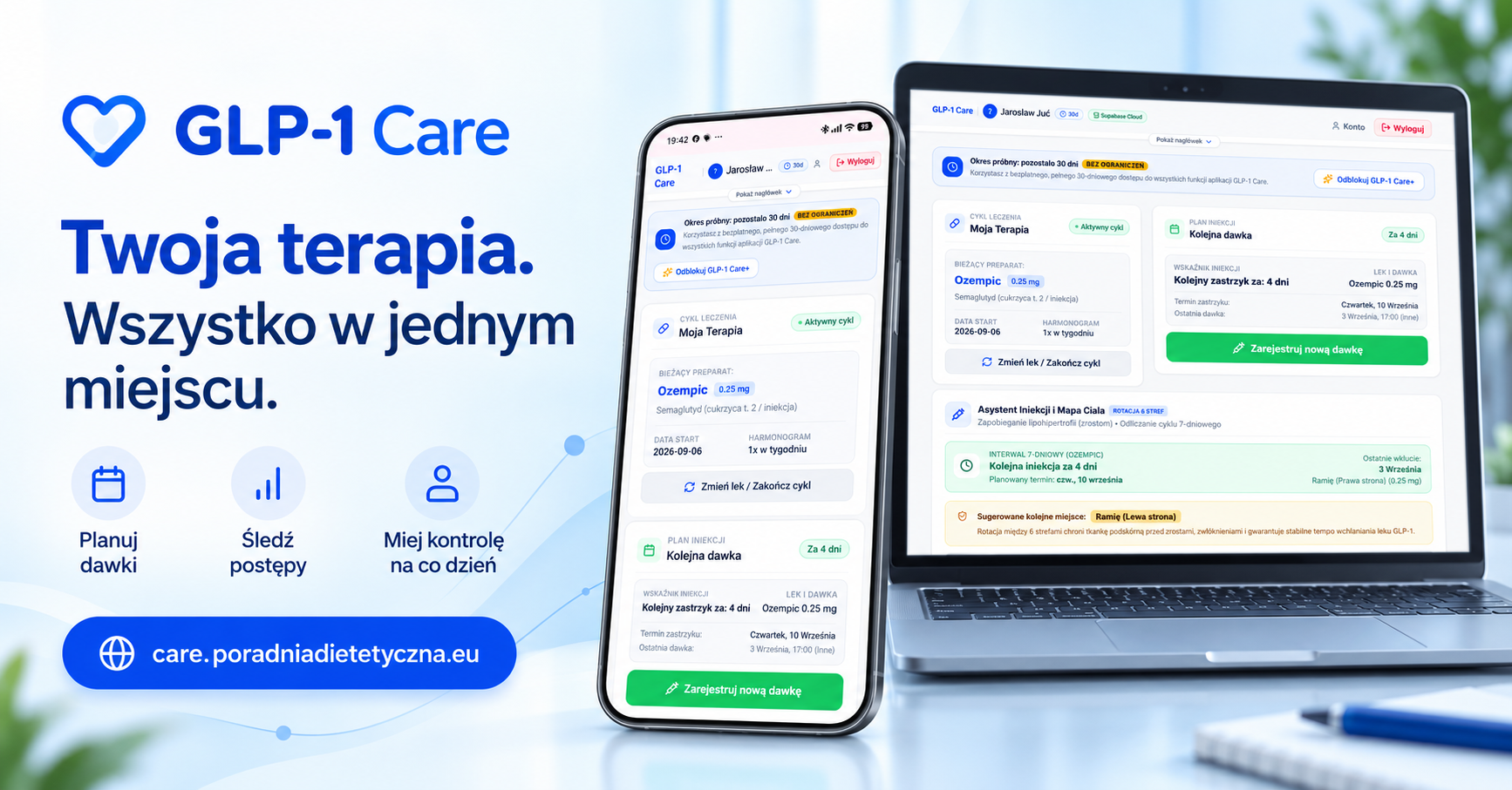 Aplikacja GLP-1 Care na ekranie telefonu i komputera